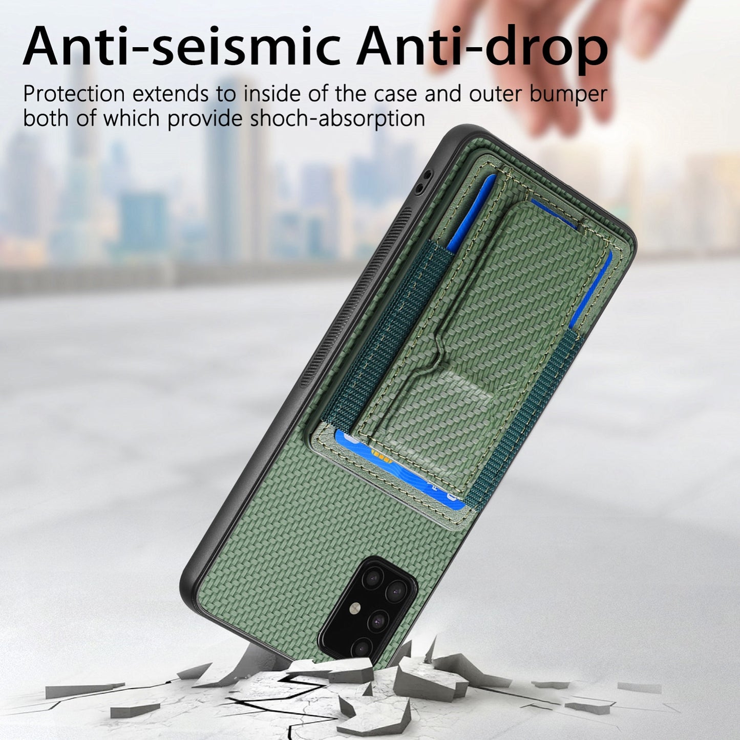 Samsung Galaxy A51 5G Carbon Fiber Fold Stand Elastic Card Bag Phone Case with Multi-Functional Wallet
