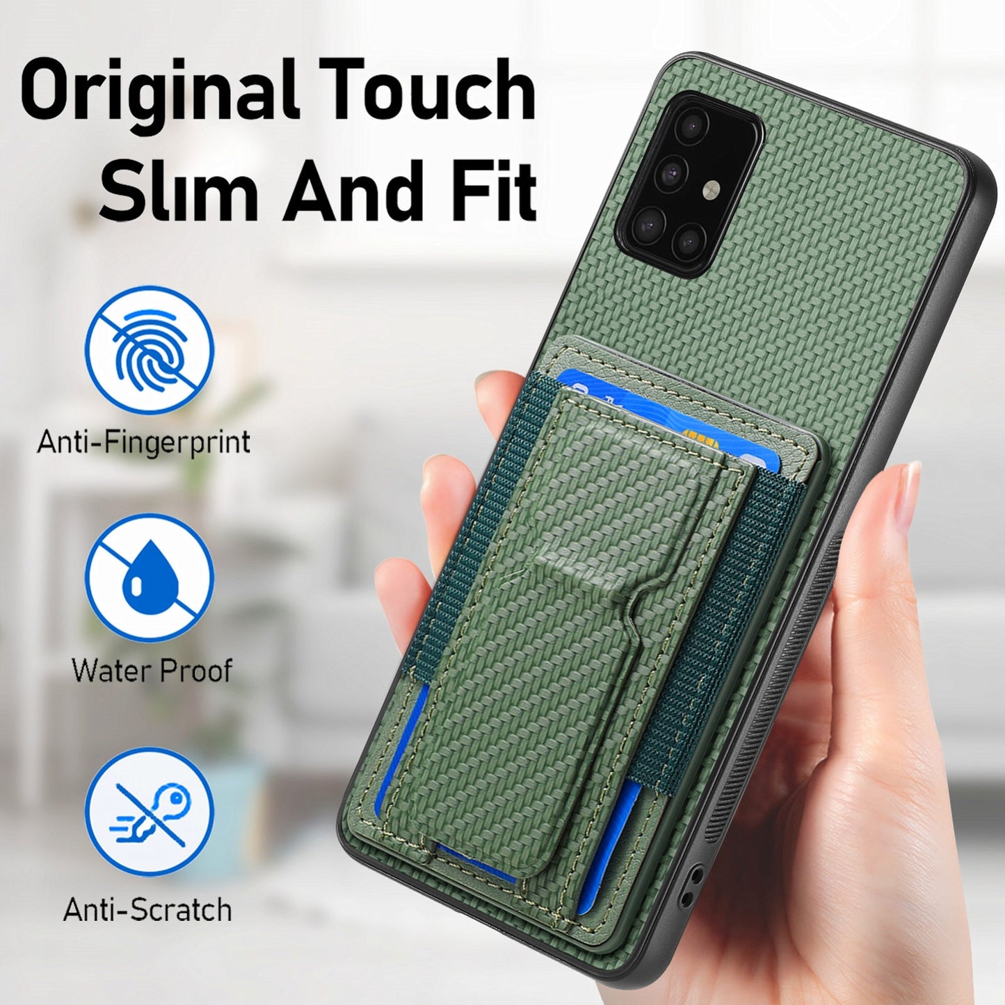 Samsung Galaxy A51 5G Carbon Fiber Fold Stand Elastic Card Bag Phone Case with Multi-Functional Wallet