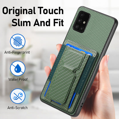 Samsung Galaxy A51 5G Carbon Fiber Fold Stand Elastic Card Bag Phone Case with Multi-Functional Wallet