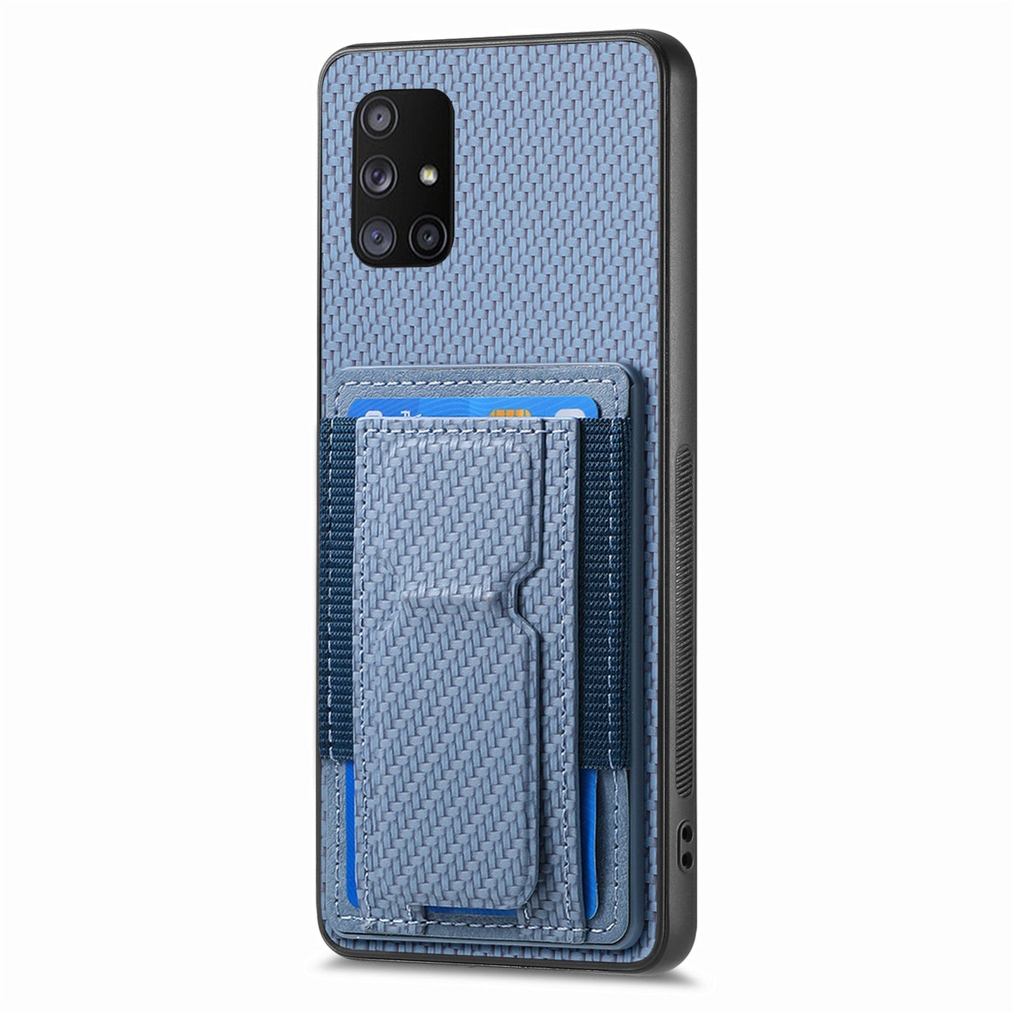 Samsung Galaxy A71 5G Carbon Fiber Fold Stand Elastic Card Bag Phone Case with Multi-Functional Wallet