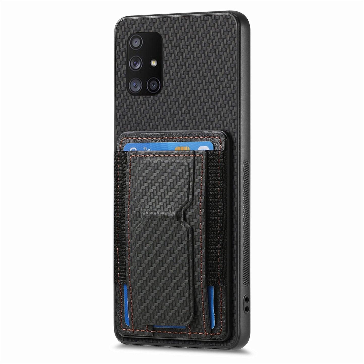 Samsung Galaxy A71 5G Carbon Fiber Fold Stand Elastic Card Bag Phone Case with Multi-Functional Wallet
