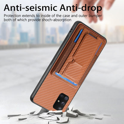Samsung Galaxy A71 5G Carbon Fiber Fold Stand Elastic Card Bag Phone Case with Multi-Functional Wallet