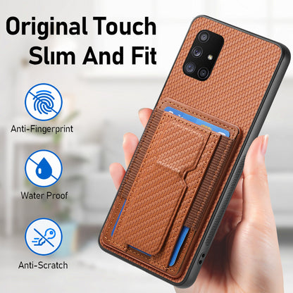 Samsung Galaxy A71 5G Carbon Fiber Fold Stand Elastic Card Bag Phone Case with Multi-Functional Wallet