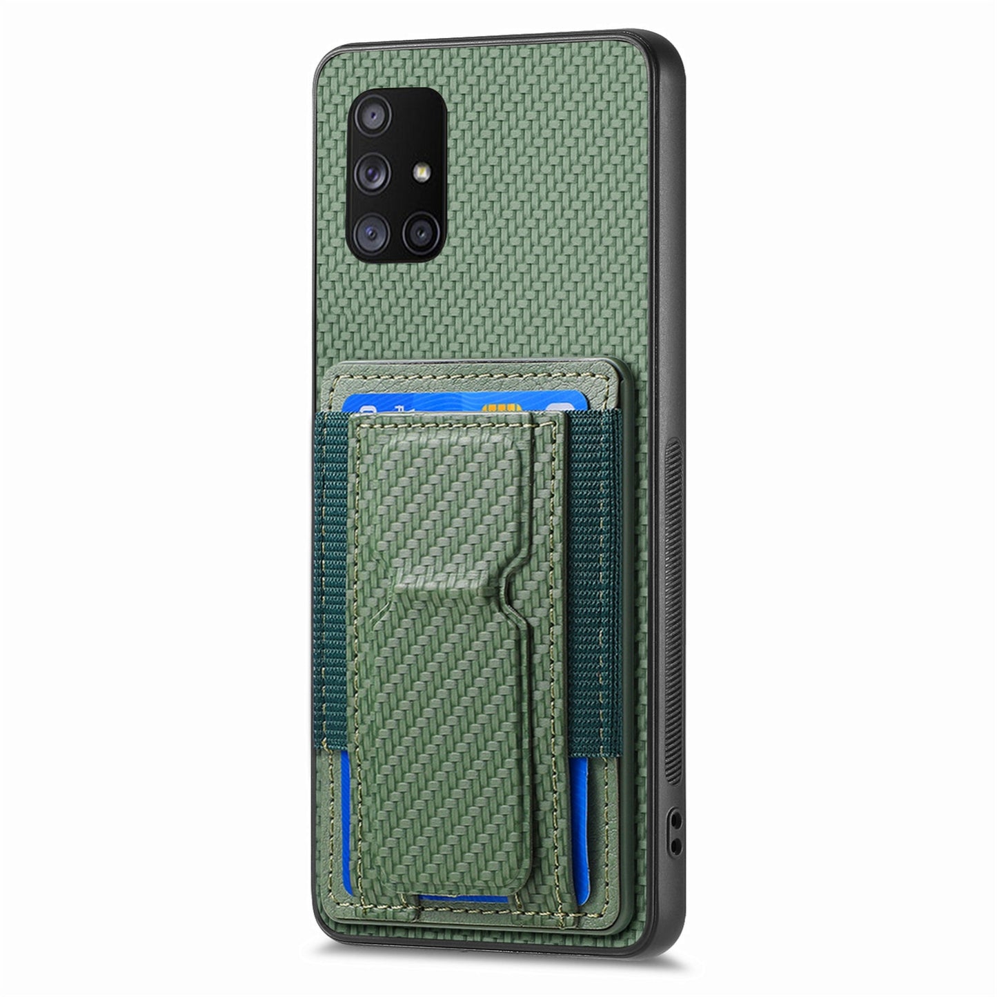 Samsung Galaxy A71 5G Carbon Fiber Fold Stand Elastic Card Bag Phone Case with Multi-Functional Wallet