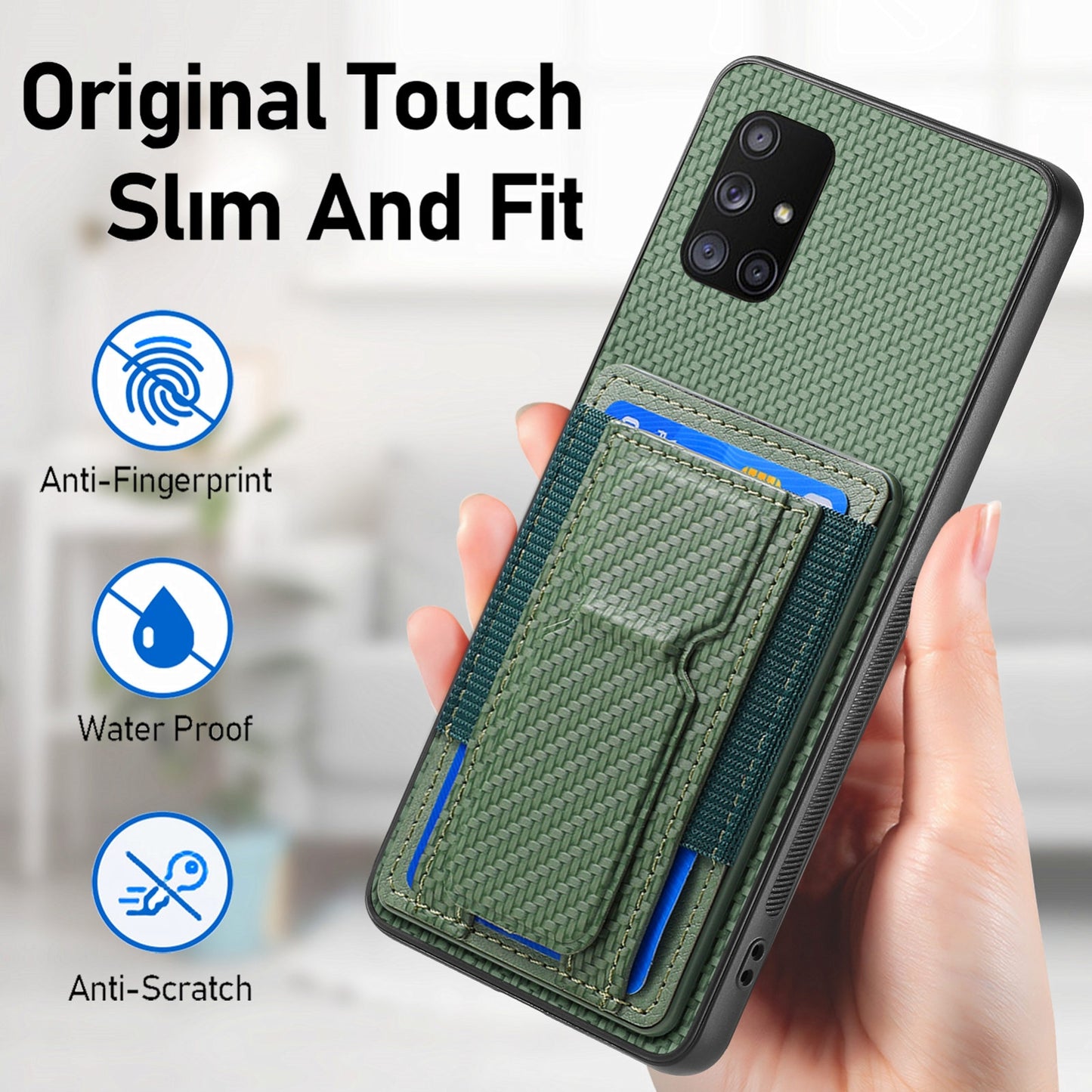 Samsung Galaxy A71 5G Carbon Fiber Fold Stand Elastic Card Bag Phone Case with Multi-Functional Wallet
