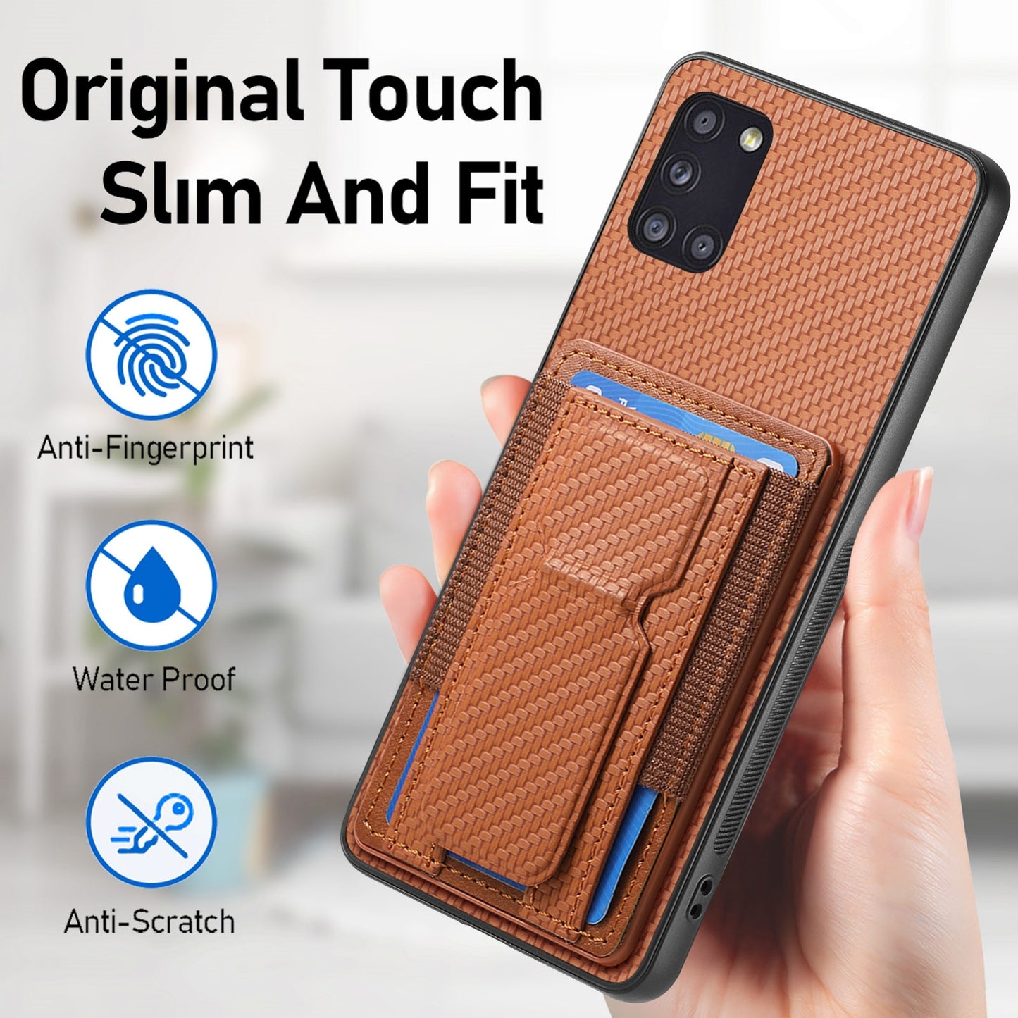 Samsung Galaxy A31 Carbon Fiber Fold Stand Elastic Card Bag Phone Case with Multi-Functional Wallet