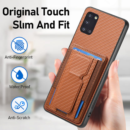Samsung Galaxy A31 Carbon Fiber Fold Stand Elastic Card Bag Phone Case with Multi-Functional Wallet