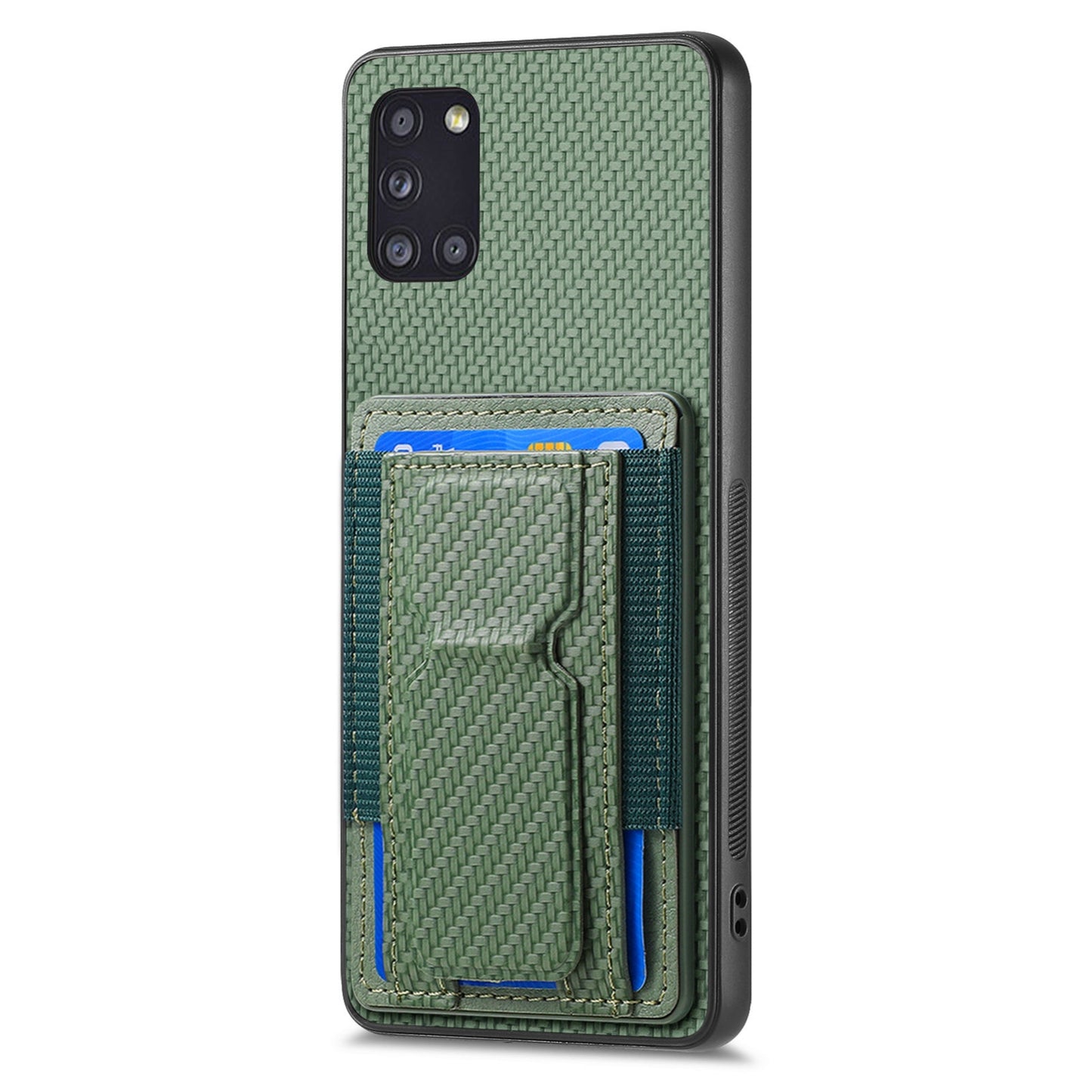 Samsung Galaxy A31 Carbon Fiber Fold Stand Elastic Card Bag Phone Case with Multi-Functional Wallet
