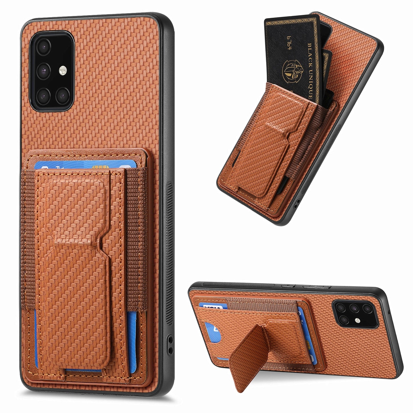 Samsung Galaxy A71 4G Carbon Fiber Fold Stand Elastic Card Bag Phone Case with Multi-Functional Wallet