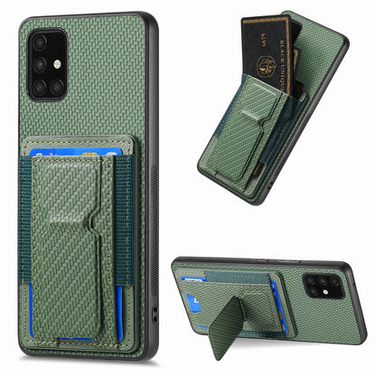 Samsung Galaxy A71 4G Carbon Fiber Fold Stand Elastic Card Bag Phone Case with Multi-Functional Wallet
