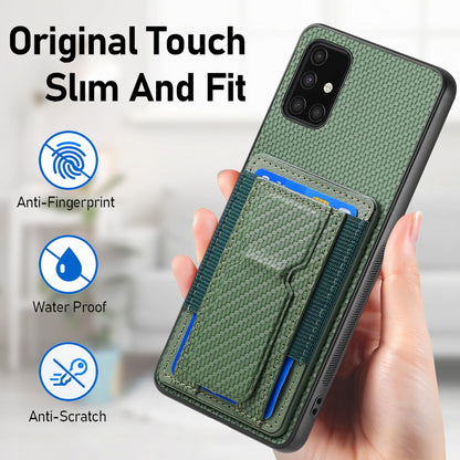 Samsung Galaxy A71 4G Carbon Fiber Fold Stand Elastic Card Bag Phone Case with Multi-Functional Wallet