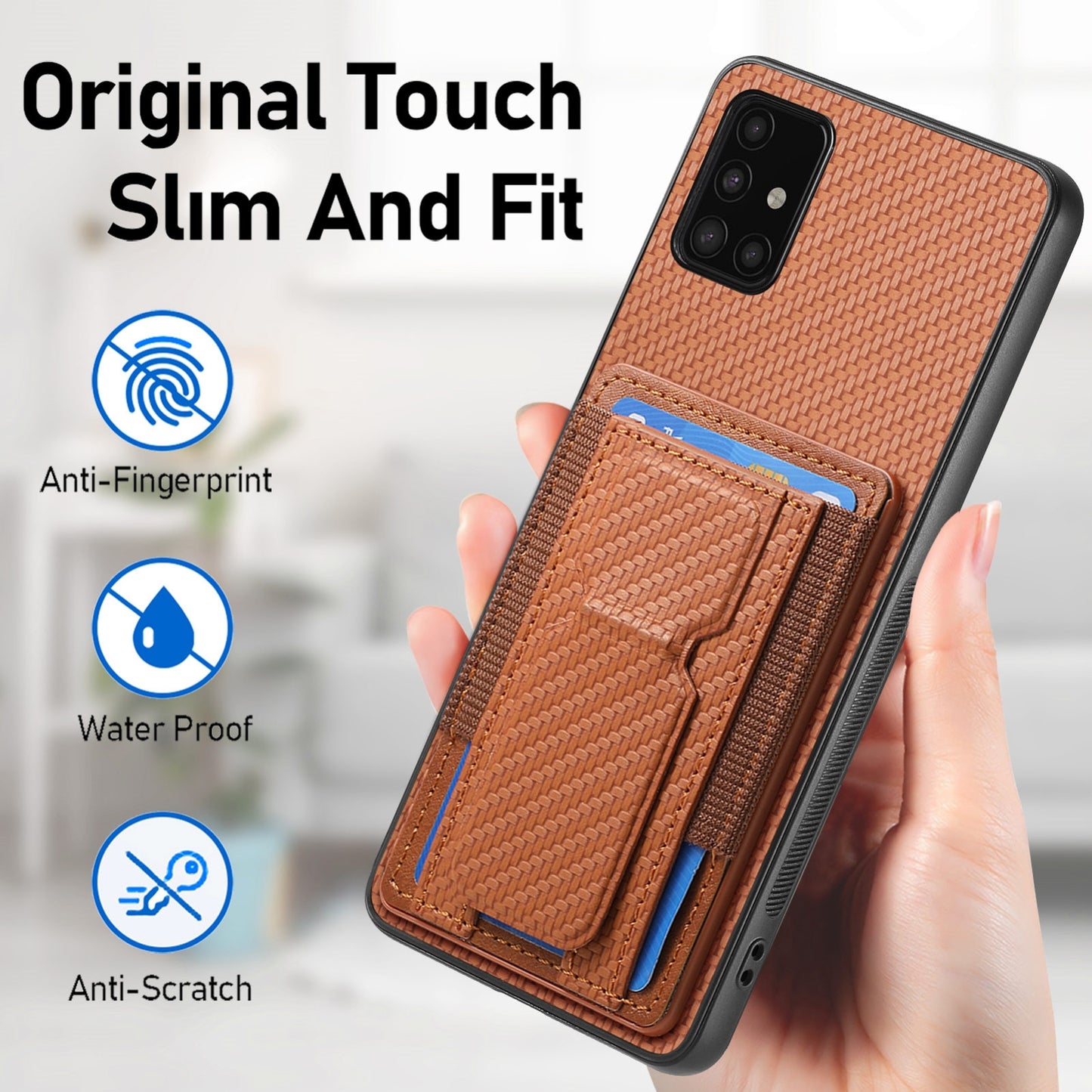 Samsung Galaxy A51 4G Carbon Fiber Fold Stand Elastic Card Bag Phone Case with Multi-Functional Wallet