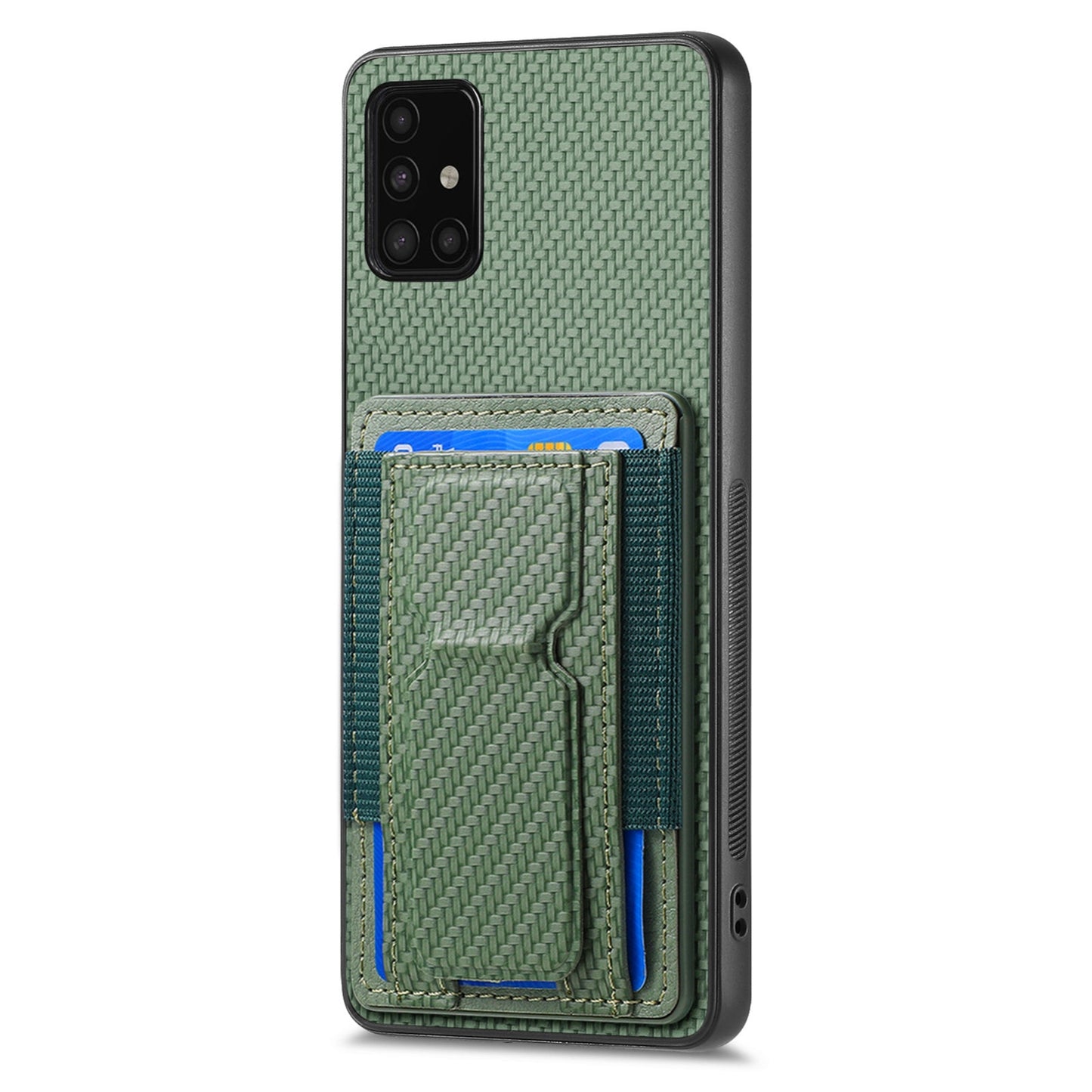 Samsung Galaxy A51 4G Carbon Fiber Fold Stand Elastic Card Bag Phone Case with Multi-Functional Wallet