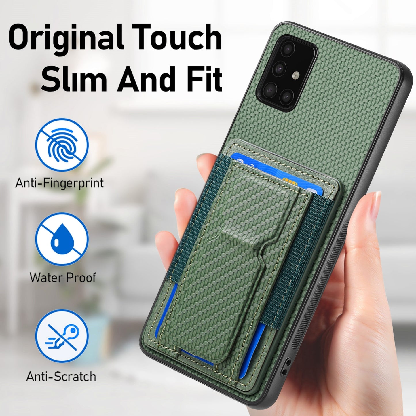 Samsung Galaxy A51 4G Carbon Fiber Fold Stand Elastic Card Bag Phone Case with Multi-Functional Wallet
