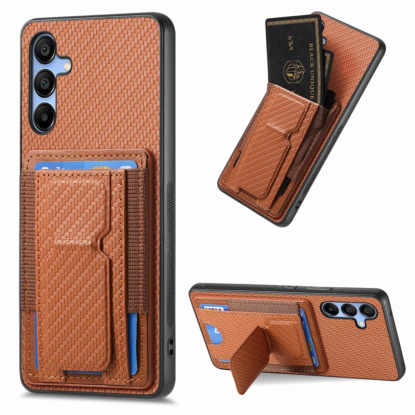 Samsung Galaxy A14 4G/5G Carbon Fiber Fold Stand Elastic Card Bag Phone Case with Multi-Functional Wallet