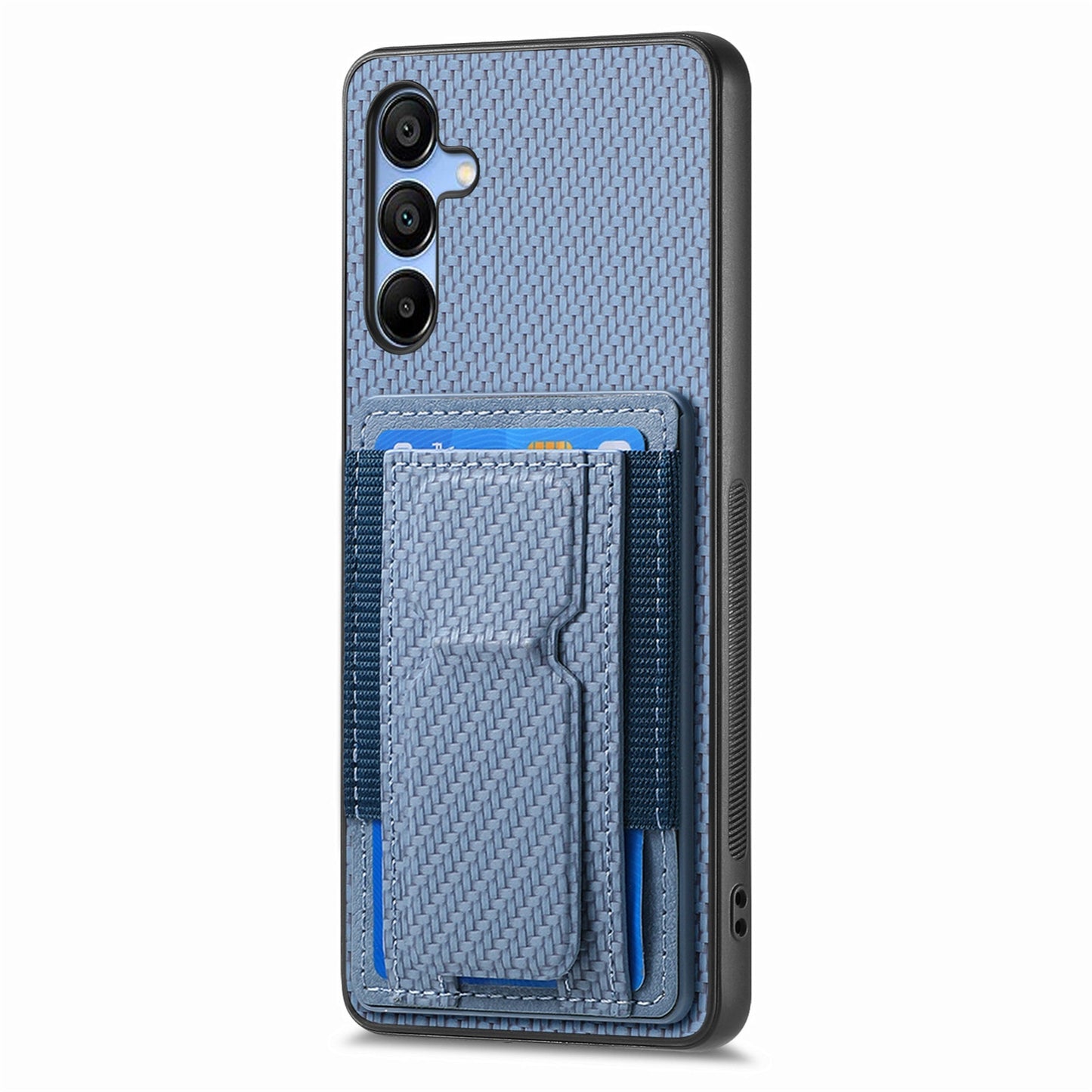 Samsung Galaxy A12 5G Carbon Fiber Fold Stand Elastic Card Bag Phone Case with Multi-Functional Wallet