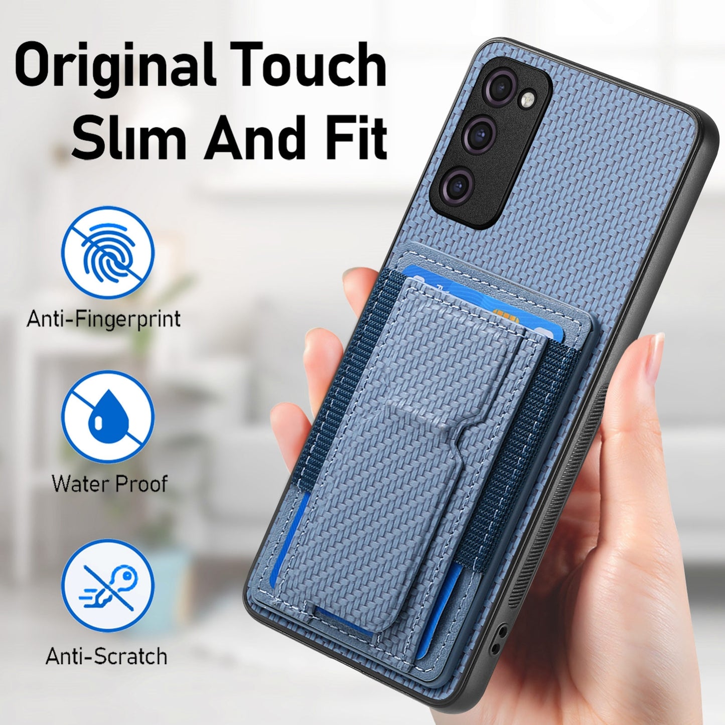 Samsung Galaxy S20 FE Carbon Fiber Fold Stand Elastic Card Bag Phone Case with Multi-Functional Wallet