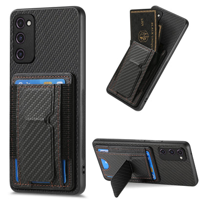 Samsung Galaxy S20 FE Carbon Fiber Fold Stand Elastic Card Bag Phone Case with Multi-Functional Wallet