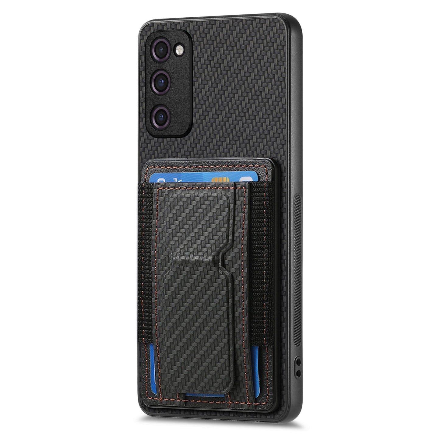 Samsung Galaxy S20 FE Carbon Fiber Fold Stand Elastic Card Bag Phone Case with Multi-Functional Wallet