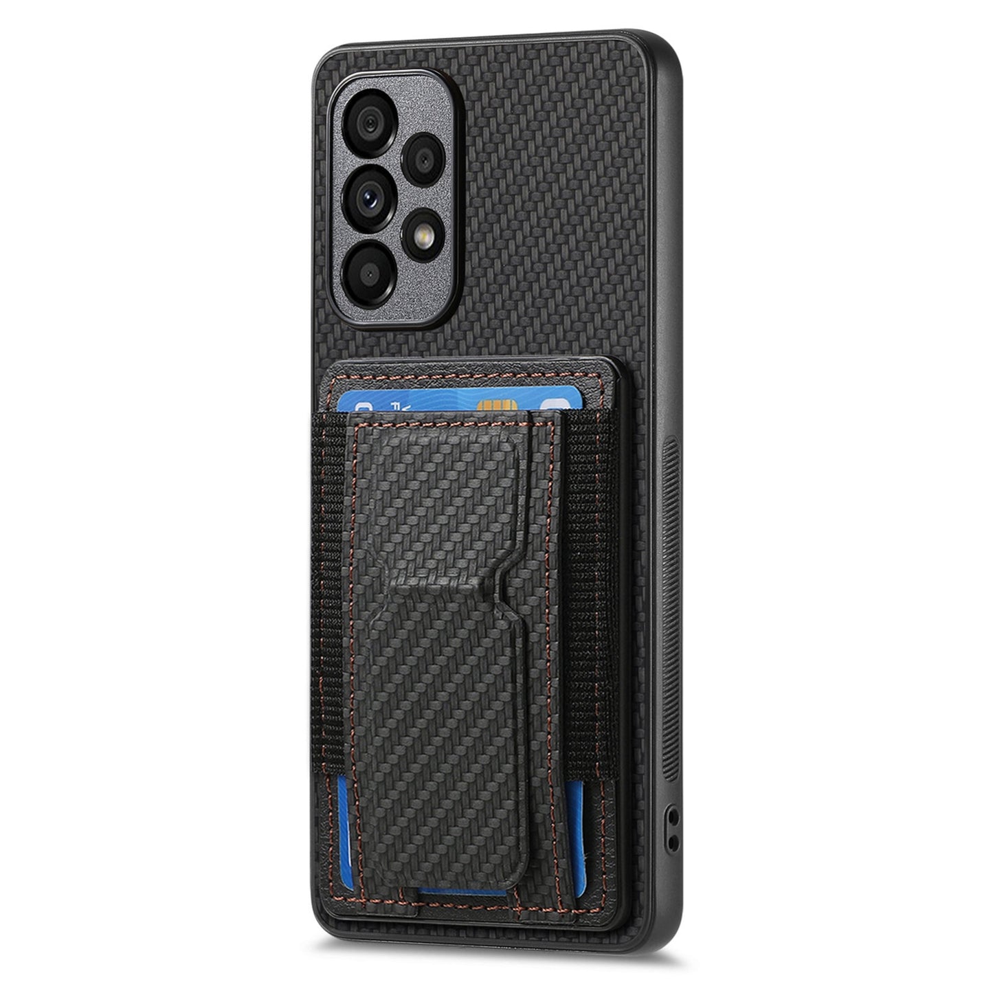 Samsung Galaxy A72 5G Carbon Fiber Fold Stand Elastic Card Bag Phone Case with Multi-Functional Wallet