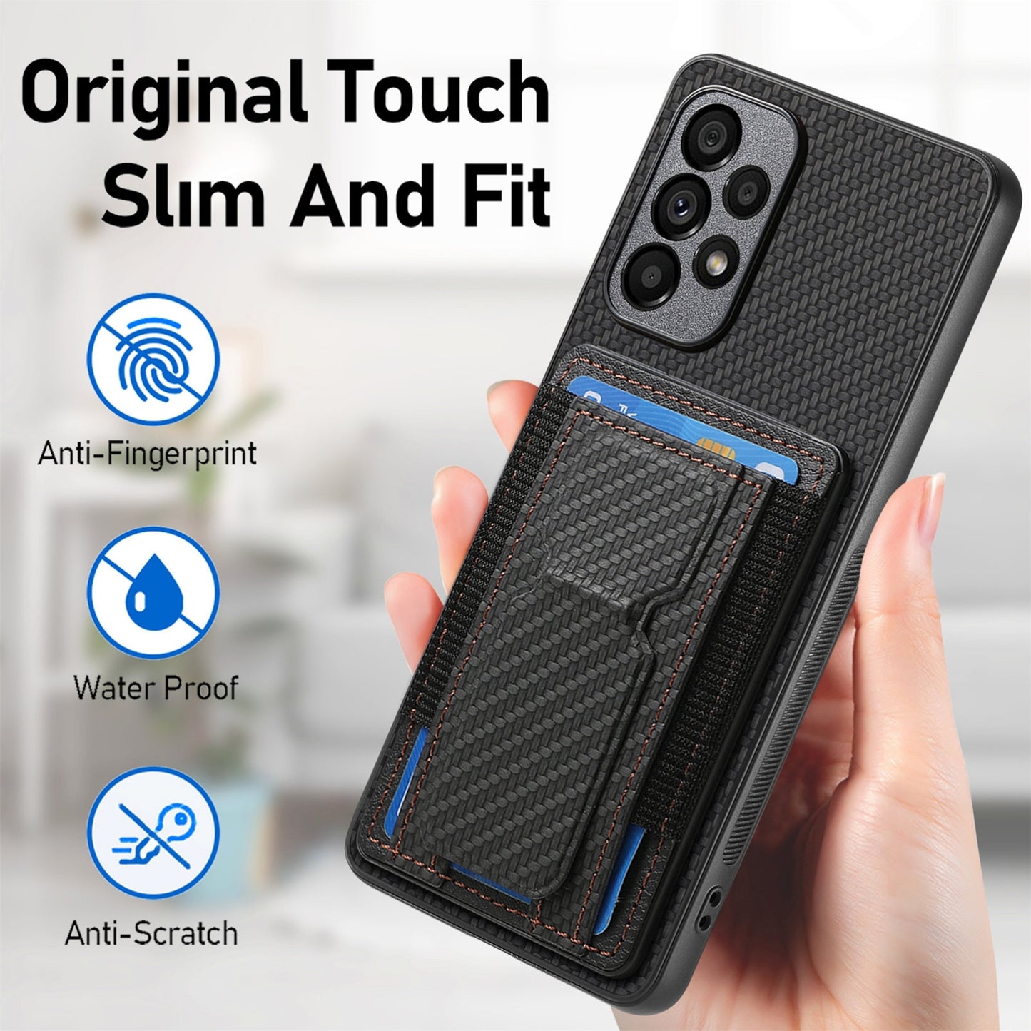 Samsung Galaxy A72 5G Carbon Fiber Fold Stand Elastic Card Bag Phone Case with Multi-Functional Wallet