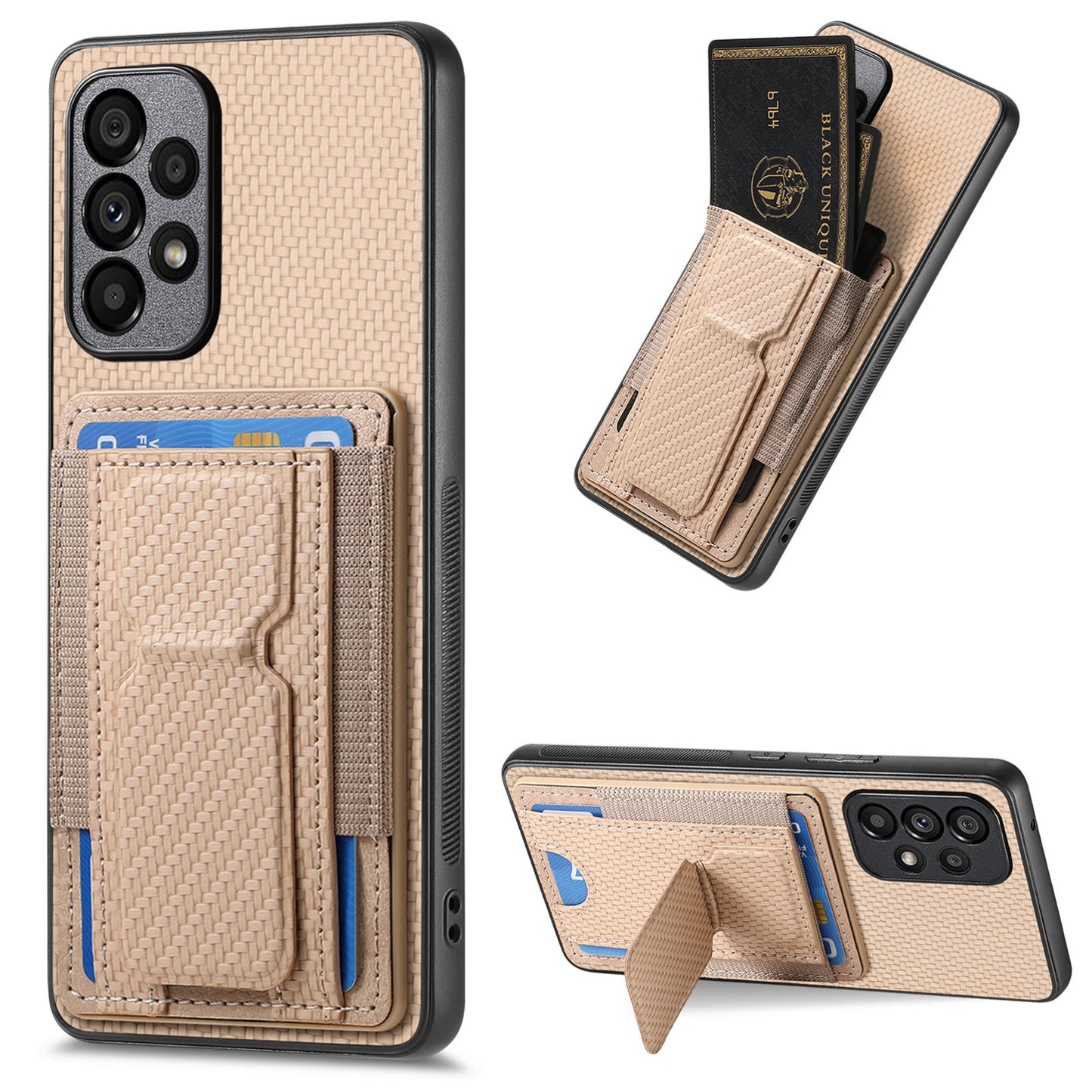 Samsung Galaxy A72 5G Carbon Fiber Fold Stand Elastic Card Bag Phone Case with Multi-Functional Wallet