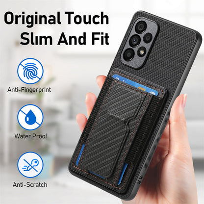 Samsung Galaxy A52 Carbon Fiber Fold Stand Elastic Card Bag Phone Case with Multi-Functional Wallet