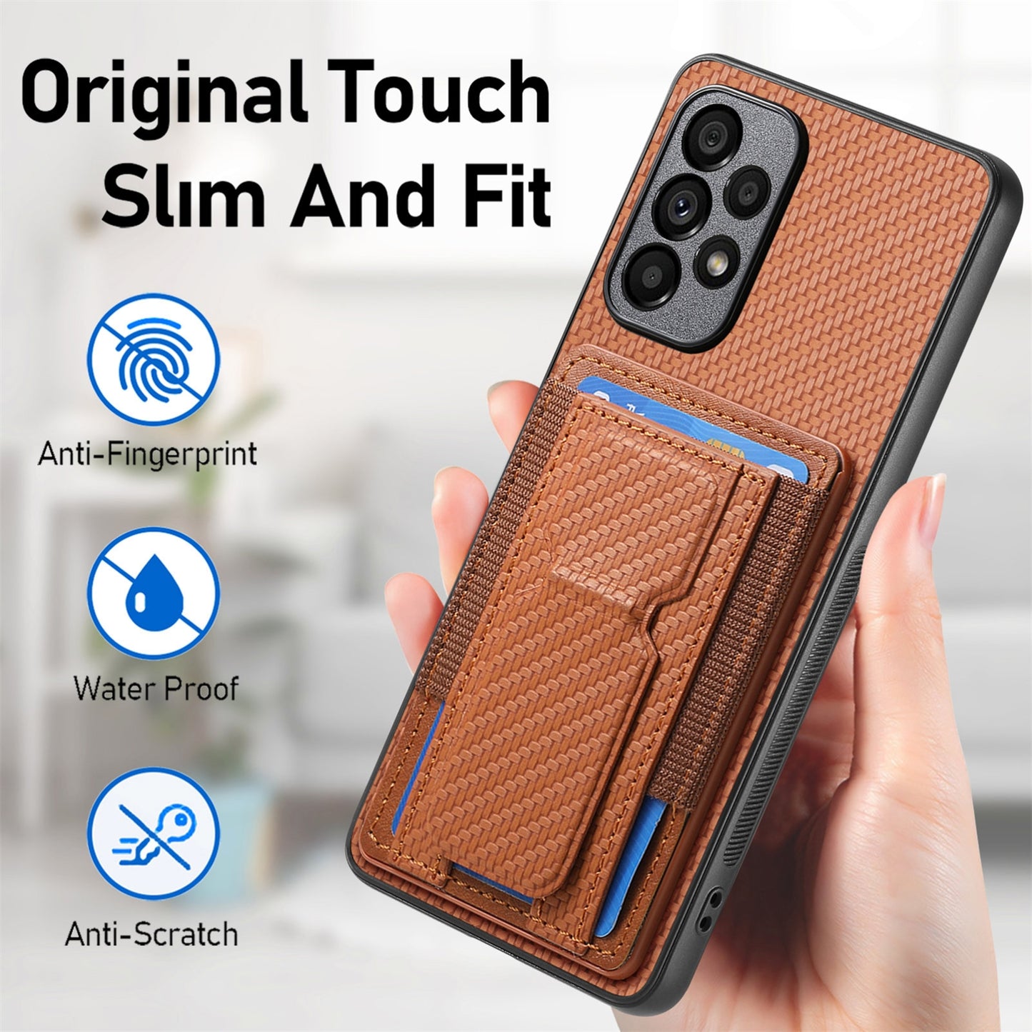 Samsung Galaxy A52 Carbon Fiber Fold Stand Elastic Card Bag Phone Case with Multi-Functional Wallet
