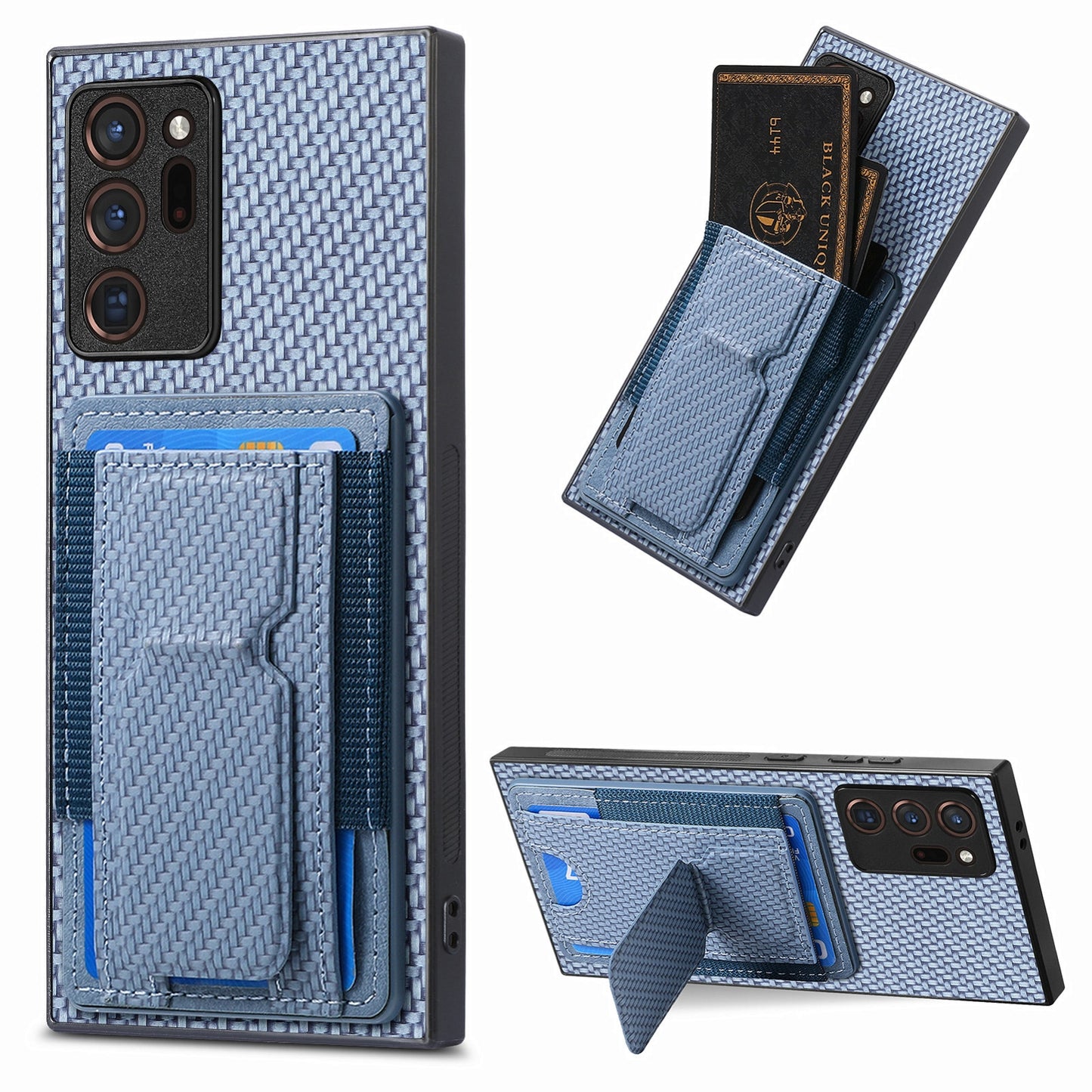 Samsung Galaxy Note20 Ultra Carbon Fiber Fold Stand Elastic Card Bag Phone Case with Multi-Functional Wallet