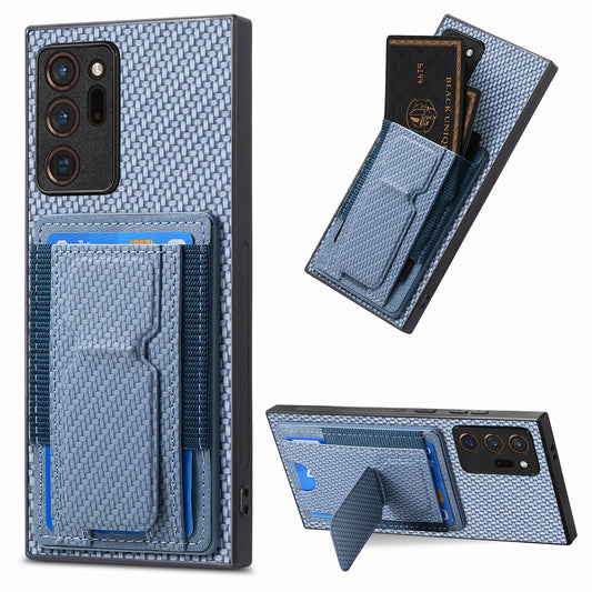 Samsung Galaxy Note20 Ultra Carbon Fiber Fold Stand Elastic Card Bag Phone Case with Multi-Functional Wallet