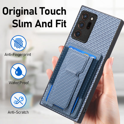 Samsung Galaxy Note20 Ultra Carbon Fiber Fold Stand Elastic Card Bag Phone Case with Multi-Functional Wallet