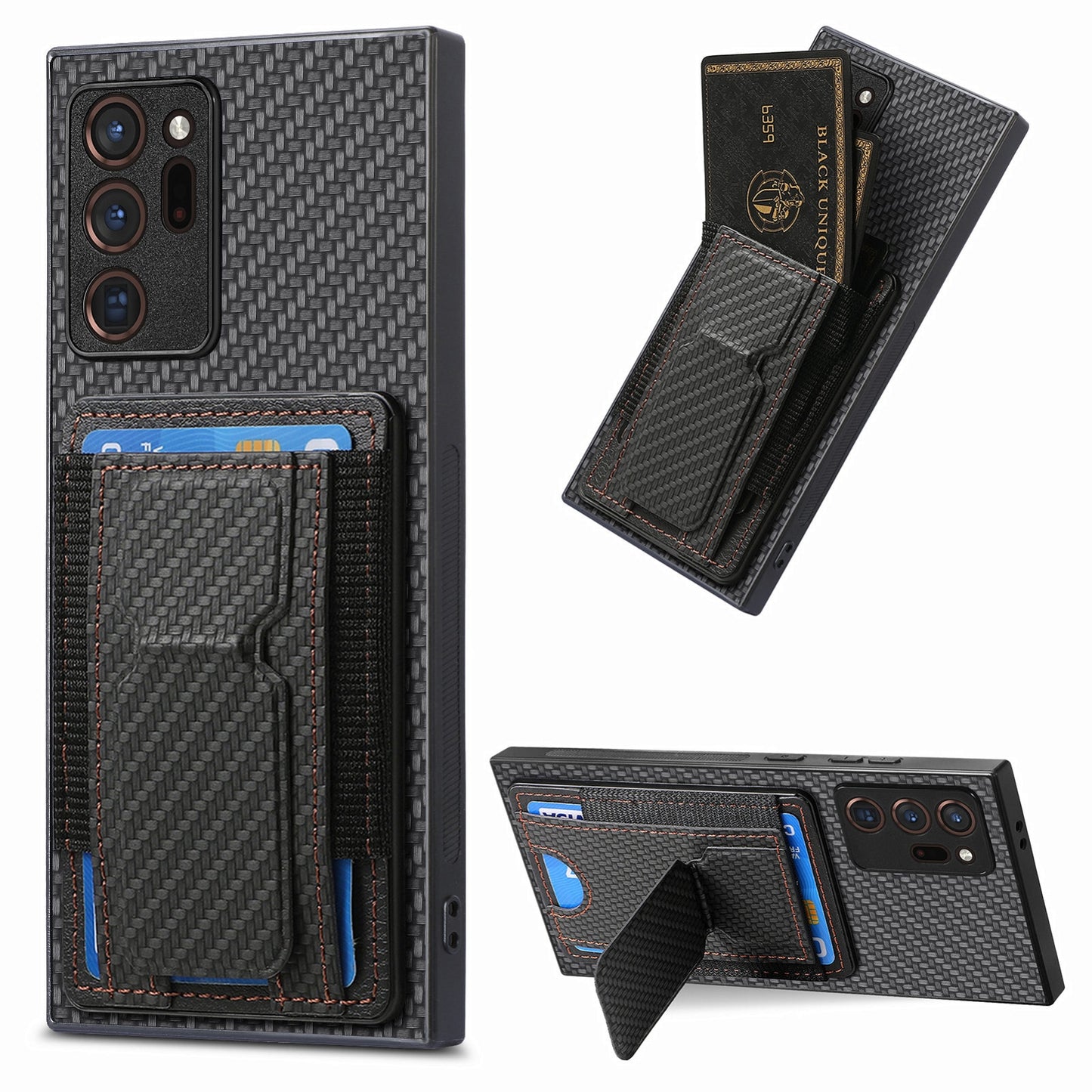 Samsung Galaxy Note20 Ultra Carbon Fiber Fold Stand Elastic Card Bag Phone Case with Multi-Functional Wallet