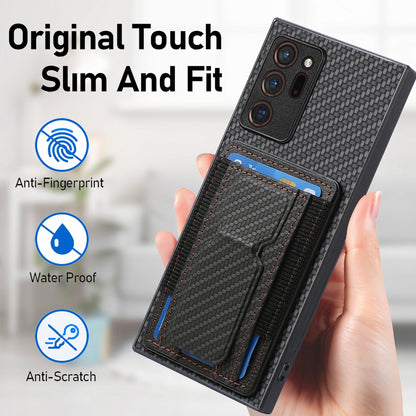 Samsung Galaxy Note20 Ultra Carbon Fiber Fold Stand Elastic Card Bag Phone Case with Multi-Functional Wallet