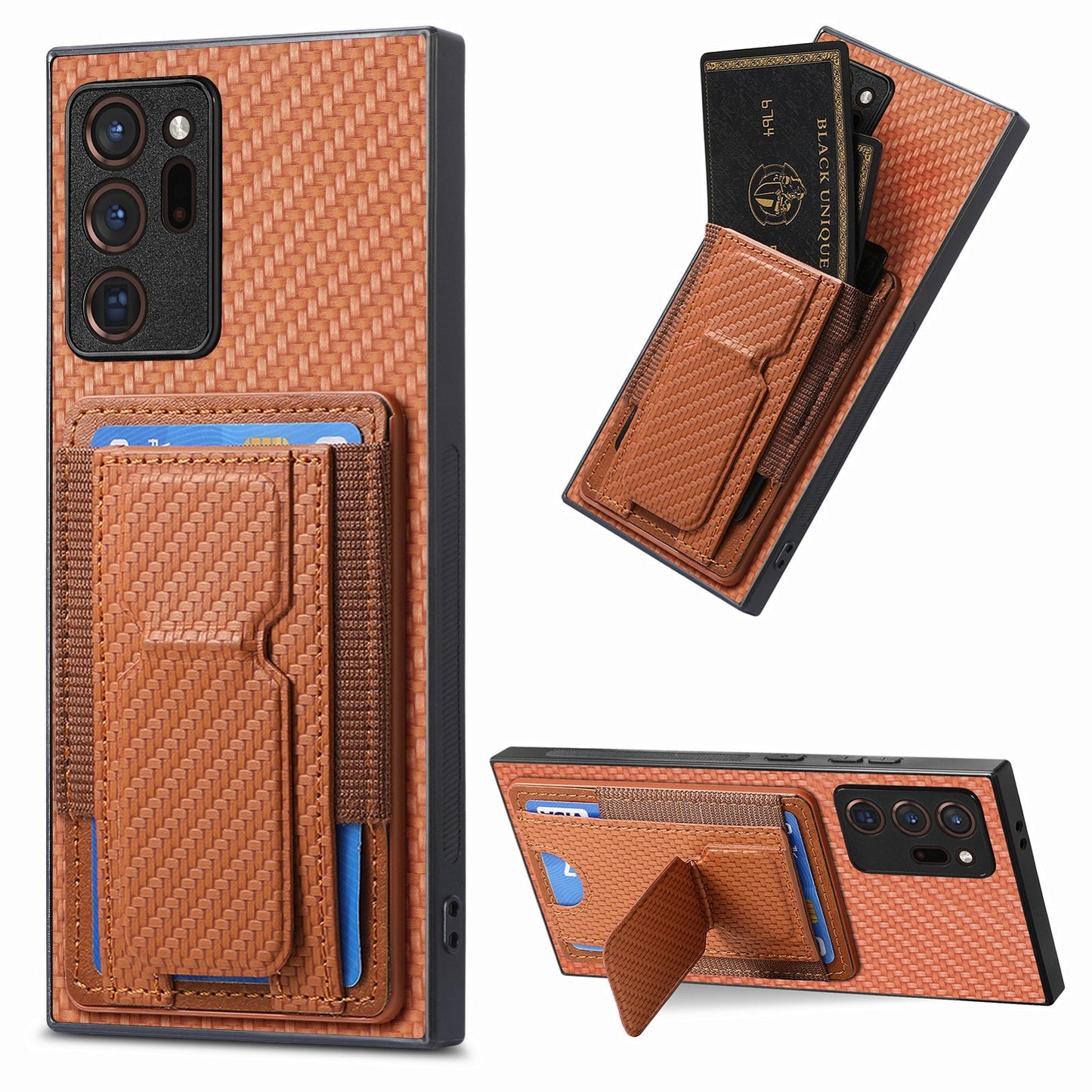 Samsung Galaxy Note20 Ultra Carbon Fiber Fold Stand Elastic Card Bag Phone Case with Multi-Functional Wallet