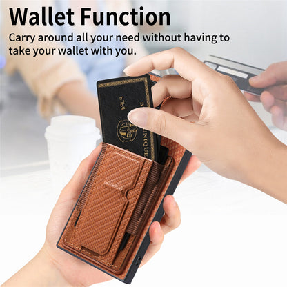 Samsung Galaxy Note20 Ultra Carbon Fiber Fold Stand Elastic Card Bag Phone Case with Multi-Functional Wallet