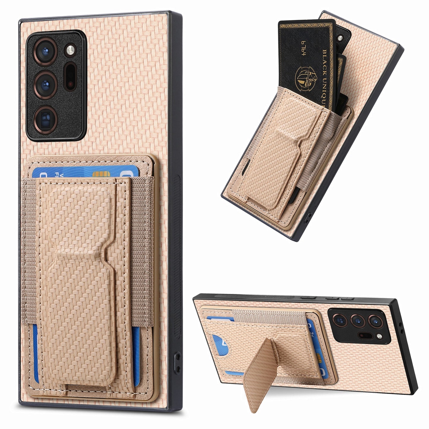 Samsung Galaxy Note20 Ultra Carbon Fiber Fold Stand Elastic Card Bag Phone Case with Multi-Functional Wallet