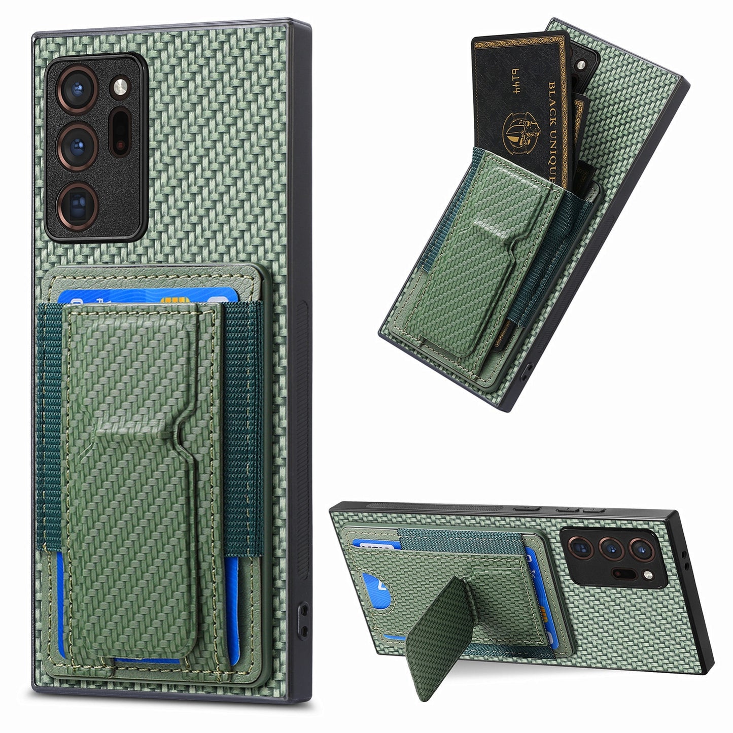 Samsung Galaxy Note20 Ultra Carbon Fiber Fold Stand Elastic Card Bag Phone Case with Multi-Functional Wallet