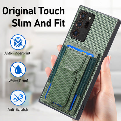 Samsung Galaxy Note20 Ultra Carbon Fiber Fold Stand Elastic Card Bag Phone Case with Multi-Functional Wallet