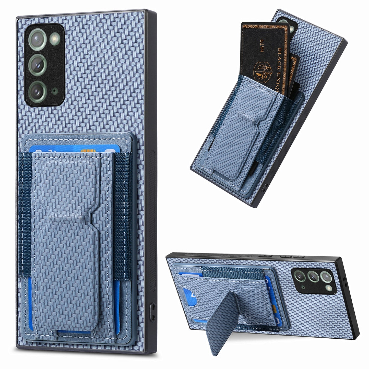 Samsung Galaxy Note20 Carbon Fiber Fold Stand Elastic Card Bag Phone Case with Multi-Functional Wallet