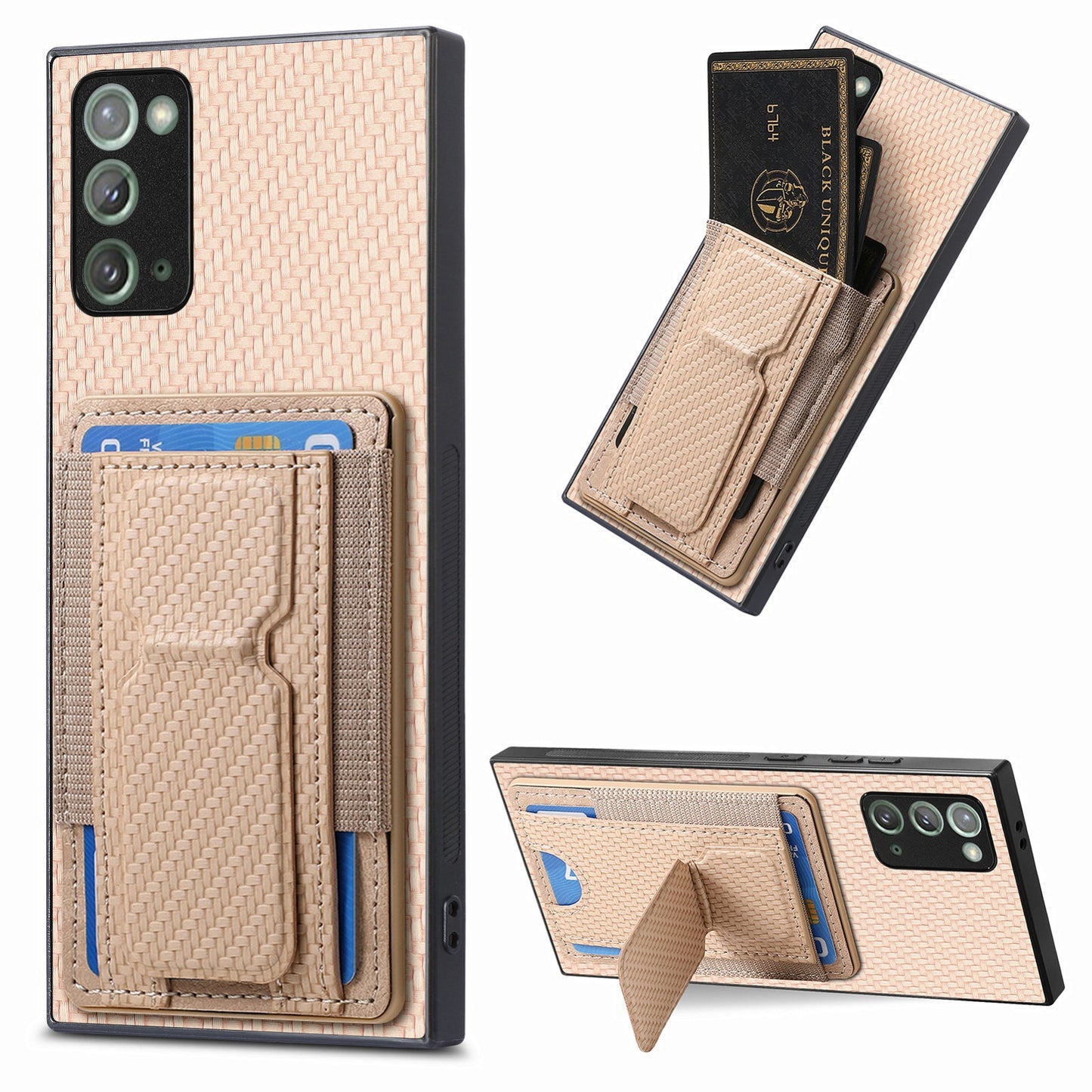 Samsung Galaxy Note20 Carbon Fiber Fold Stand Elastic Card Bag Phone Case with Multi-Functional Wallet