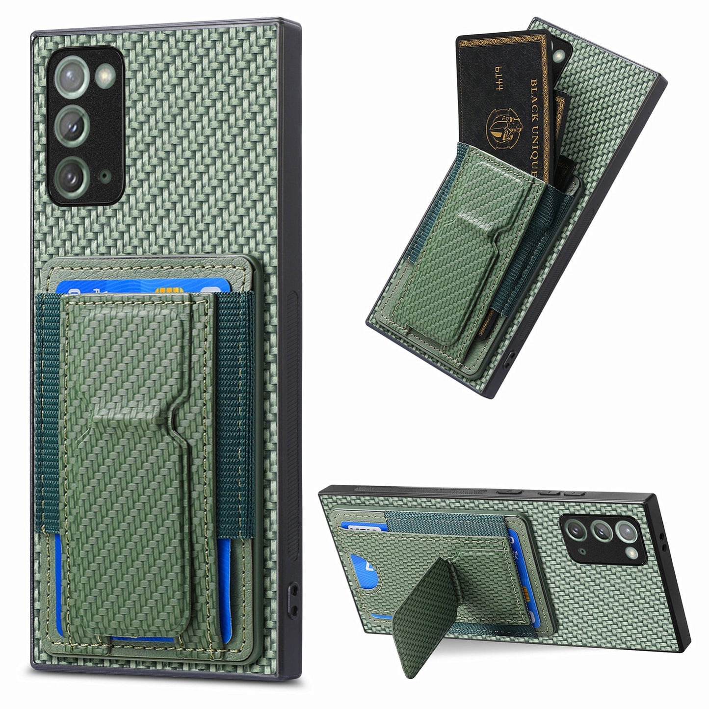 Samsung Galaxy Note20 Carbon Fiber Fold Stand Elastic Card Bag Phone Case with Multi-Functional Wallet
