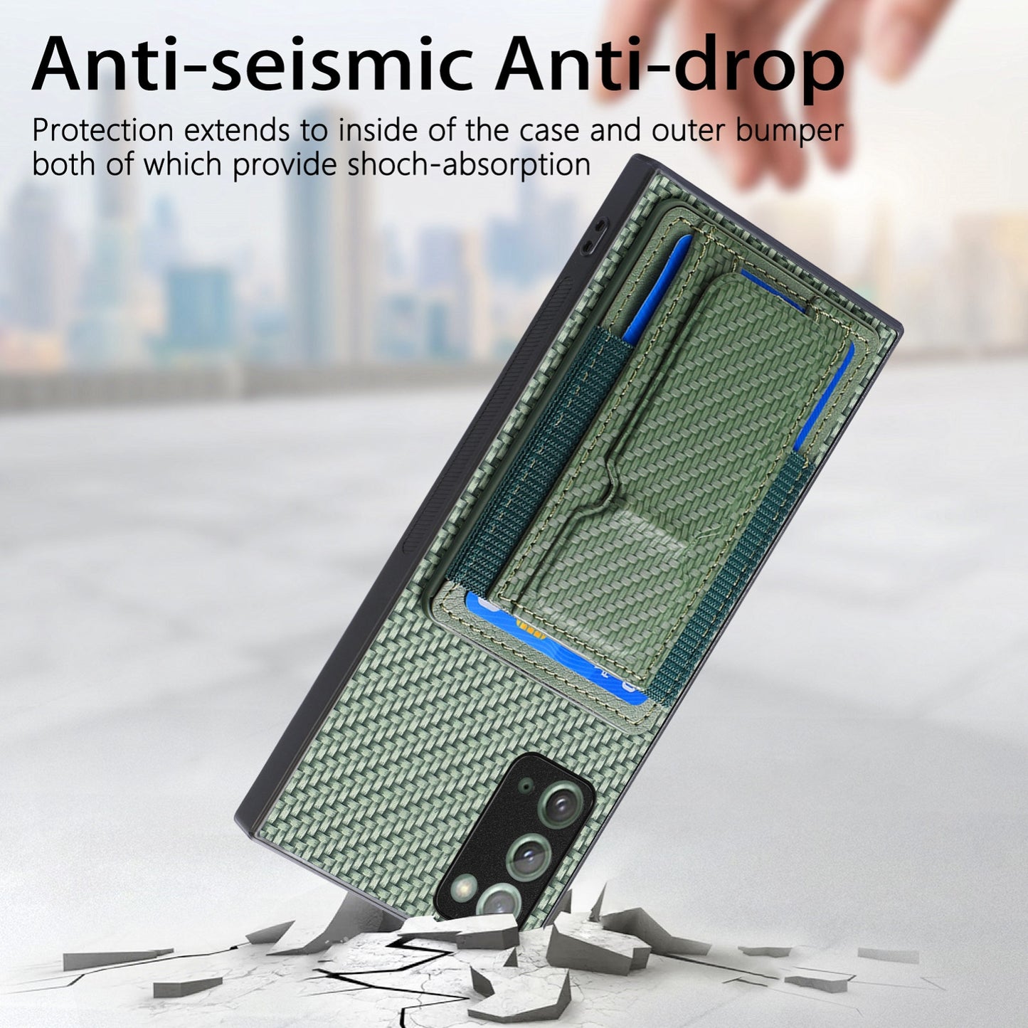 Samsung Galaxy Note20 Carbon Fiber Fold Stand Elastic Card Bag Phone Case with Multi-Functional Wallet