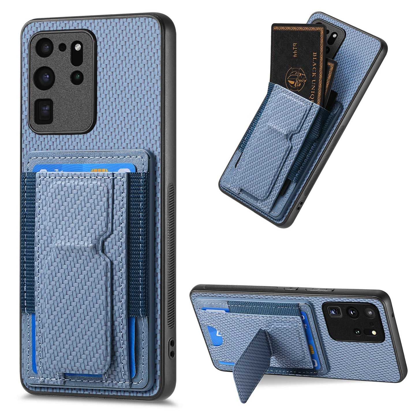 Samsung Galaxy S20 Ultra Carbon Fiber Fold Stand Elastic Card Bag Phone Case with Multi-Functional Wallet
