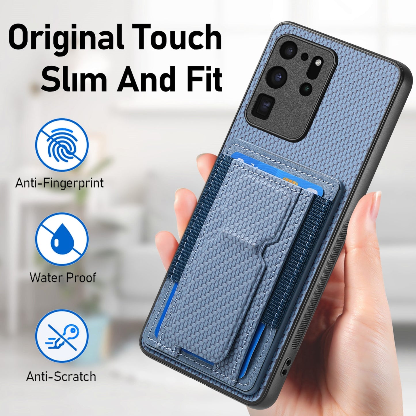 Samsung Galaxy S20 Ultra Carbon Fiber Fold Stand Elastic Card Bag Phone Case with Multi-Functional Wallet