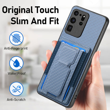 Samsung Galaxy S20 Ultra Carbon Fiber Fold Stand Elastic Card Bag Phone Case with Multi-Functional Wallet