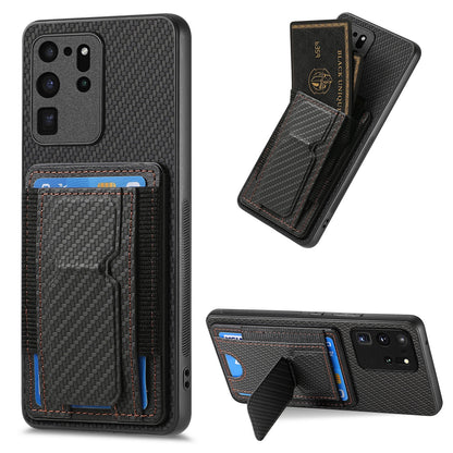 Samsung Galaxy S20 Ultra Carbon Fiber Fold Stand Elastic Card Bag Phone Case with Multi-Functional Wallet