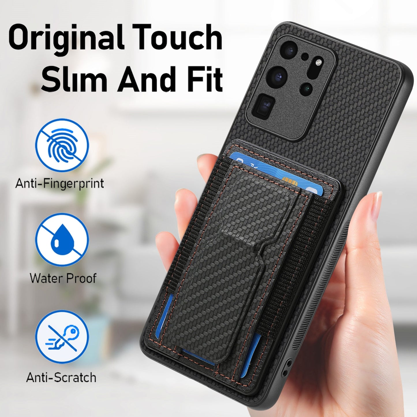 Samsung Galaxy S20 Ultra Carbon Fiber Fold Stand Elastic Card Bag Phone Case with Multi-Functional Wallet