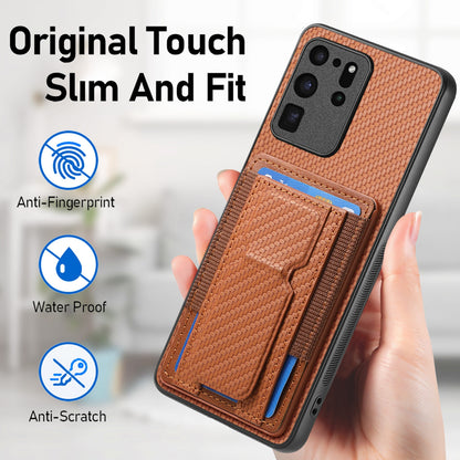 Samsung Galaxy S20 Ultra Carbon Fiber Fold Stand Elastic Card Bag Phone Case with Multi-Functional Wallet