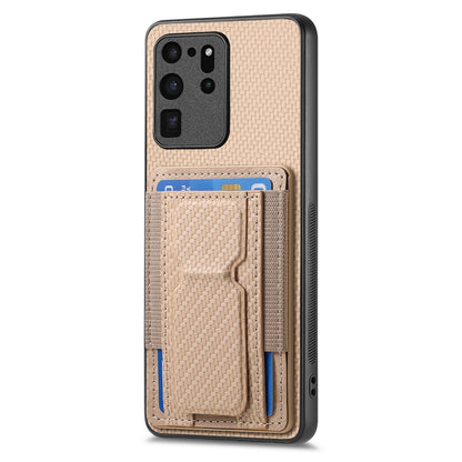 Samsung Galaxy S20 Ultra Carbon Fiber Fold Stand Elastic Card Bag Phone Case with Multi-Functional Wallet
