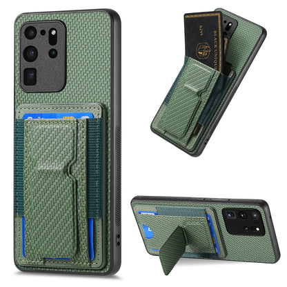 Samsung Galaxy S20 Ultra Carbon Fiber Fold Stand Elastic Card Bag Phone Case with Multi-Functional Wallet